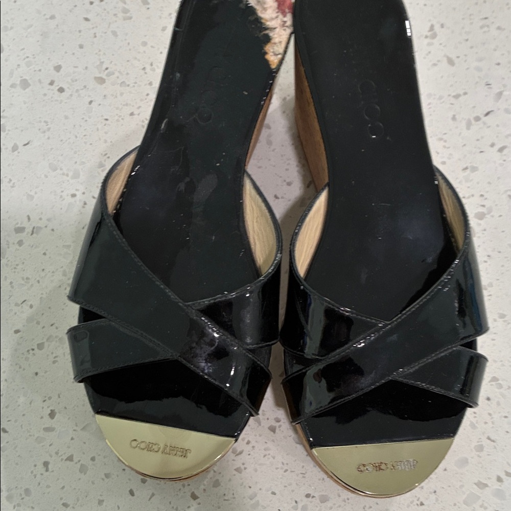 Jimmy Choo Black Patent Leather Mules with Gold Accents